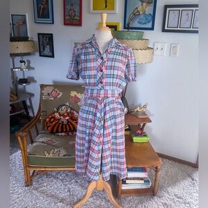 Vintage 1930s Dress : blue plaid cotton shirtwaist  ( S M ) 30s 40s flaws